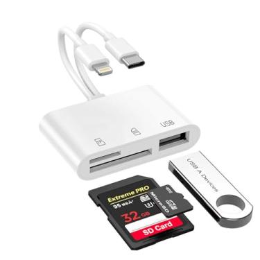 Imagem de Leitor de cartão SD para iPhone/iPad, conector duplo (USB C e Lightning) para cartões de memória da câmera, leitor de cartão micro SD 3 em 1 para adaptador de câmera, compatível com SD, Micro SD, USB