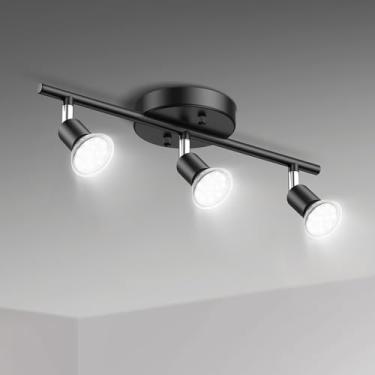 Imagem de KIALUSH Kit de luzes LED de 3 luzes, luminária de teto moderna flexível, holofote de teto ajustável preto com 3 lâmpadas LED GU10 para armário de cozinha, galeria, bar, corredor, sala de estar