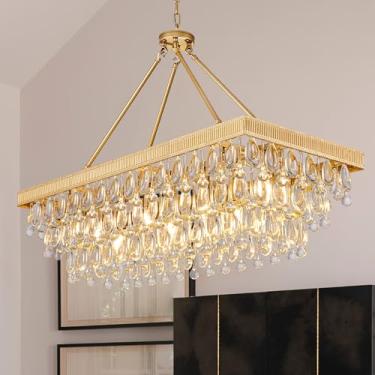 Imagem de TOCHIC Lustre de cristal para sala de jantar sobre mesa, lustre retangular linear dourado 7 luzes moderna fazenda luminária de teto alto para ilha de cozinha, sala de estar, entrada, 96,5 cm C