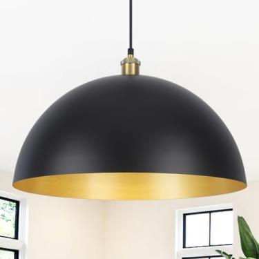 Imagem de Luzes pendentes de cúpula grande de 50 cm, iluminação de ilha de cozinha, preto e dourado, vintage, luminárias pendentes industriais, modernas, para casa de fazenda, lustre para sala de jantar