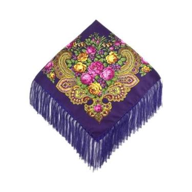 Imagem de Lenço Quadrado Floral com Franjas - Estilo Ucraniano Babushka, Roxo