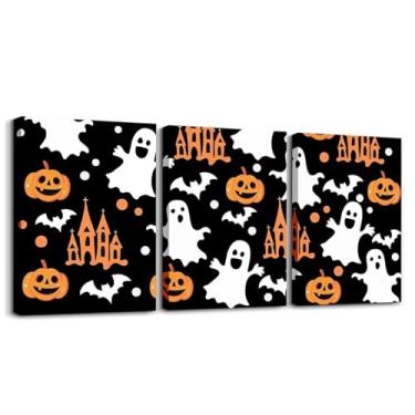 Imagem de jejeloiu Decoração de Halloween infantil arte de parede em tela para sala de estar quarto desenho animado fantasma decoração de parede para banheiro morcego meninos meninas arte pôsteres pintura