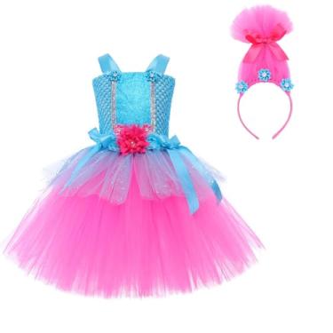 Imagem de Trolls Costume Girls Princess Poppy Handmade Tutu Dress Halloween Magic Hair Cosplay Tulle Outfit with Headband (Rose, 11-12 Years)