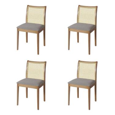 Imagem de Jogo 4 Cadeiras De Jantar Juliana Jequitibá Natural Em Madeira Maciça Encosto Palha Linho Cinza