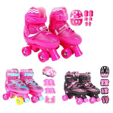Imagem de Patins Infantil Roller 4 Rodas + Capacete Proteção Ajustável (Rosa com preto, S - 29 ao 32)