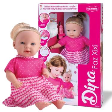 Imagem de Boneca Dina Faz Xixi Bebê Com Fralda E Mamadeira Bambola