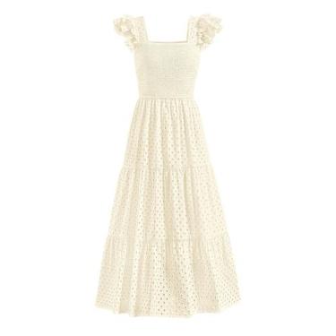 Imagem de Vestido maxi feminino PRETTYGARDEN, decote quadrado, ilhó, bege