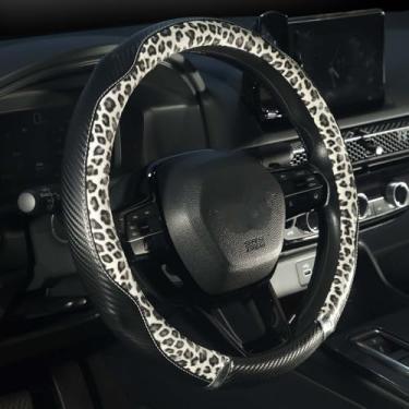 Imagem de KAFEEK Capa de volante com estampa de leopardo, couro PU com estampa de chita que não desbota para mulheres e meninas, conforto para todas as estações, universal de 36 a 38 cm, cinza