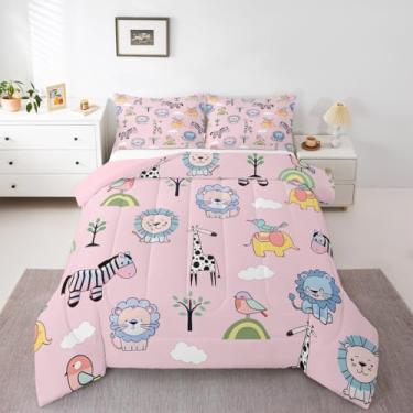 Imagem de Feelyou Jogo de cama casal com desenho animado, leões, zebras, girafas, animais zoológicos, para decoração de quarto de crianças, meninos, meninas, microfibra, ultramacia, respirável