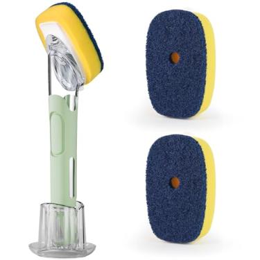 Imagem de Conjunto de escova de prato com dispensador de sabão com 2 refis e suporte de esponja, escovas de prato de distribuição de sabão, esponja com alça de dispensador de sabão, esponjas de prato com alça