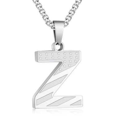 Imagem de Zocomi Colar com pingente de inicial da bandeira americana para homens e meninos, corrente de aço inoxidável 316L A-Z caixa de letras 50 + 5 cm joias presentes, Aço inoxidável, Sem Pedra Preciosa