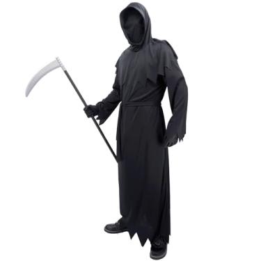 Imagem de Conjunto de fantasia de cosplay do Ceifador - Roupão fantasma assustador de Halloween com capa com capuz, luvas pretas, foice destacável, Preto, Unisex