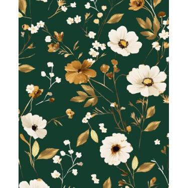 Imagem de BOKEBEVE Papel de parede de folha verde descasque e cole papel de contato floral dourado papel de parede boho para forro de prateleira de fundo gaveta de parede removível amigável para locatários 43,5