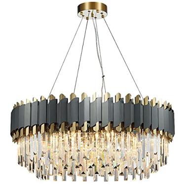 Imagem de Lustre de cristal moderno, escada em forma de gota de chuva, luzes de teto grandes, luminária pendente com revestimento de metal para sala de jantar, sala de estar, lavanderia, hall de entra