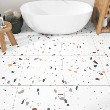 Imagem de Wallderful Colorido Terrazzo Peel and Stick Azulejo de vinil branco à prova d'água para banheiro azulejo autoadesivo em rolo de piso laminado para quarto, cozinha, sala de estar, campista, pacote com