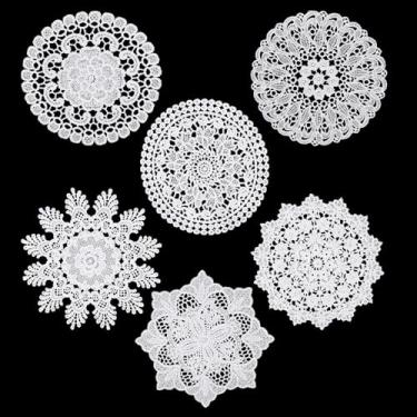 Imagem de Carrinhos de crochê para mesas, 6 peças de toalhas de renda de algodão de 15 cm feitas à mão porta-copos de renda branca vintage rendas redondas jogos americanos toalhas de mesa de pano para cozinha