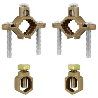 Imagem de Conjunto de grampos de aterramento de cobre, inclui 2 hastes de aterramento (1/5.1 cm-5/20.3 cm) e 2 grampos de tubulação/conduíte (1/5.1 cm-2.5 cm)