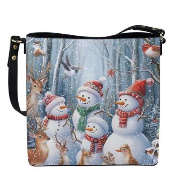 Imagem de HUGS IDEA Hoho Bolsa feminina transversal de couro Laides Bolsa de ombro, Família de boneco de neve de Natal, Large