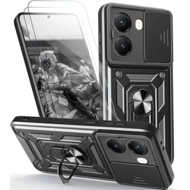 Imagem de Capa para Xiaomi Poco X7 Pro 5G Capinha | incluindo 2 pedaços de película protetora de filme temperado, com janela deslizante de proteção para câmera e suporte para celular - Preto