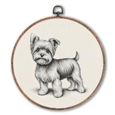 Imagem de Hxlac Arte de parede redonda vintage Yorkshire emoldurada, decoração de parede redonda de cachorro Weiner retrô, presentes de cachorro Yorkshire Weiner para pendurar em tela para decoração de quarto