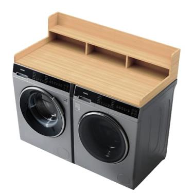 Imagem de FAHKNS Bancada de lavadora e secadora de 2 camadas - Topper de lavanderia de madeira maciça com tapete antiderrapante, 137 cm de largura à prova d'água, organização de lavanderia, ilumina e economiza