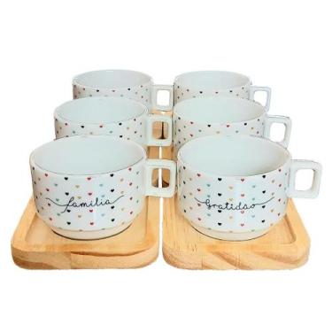 Imagem de Kit Jogo 6 Xícaras de Café e Chá com Pires Empilháveis de Porcelana - 