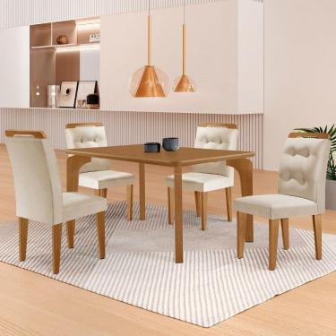 Imagem de Mesa Liz 120 Mdf Com 4 Cadeiras Carol Veludo Creme/naturalle/naturalle