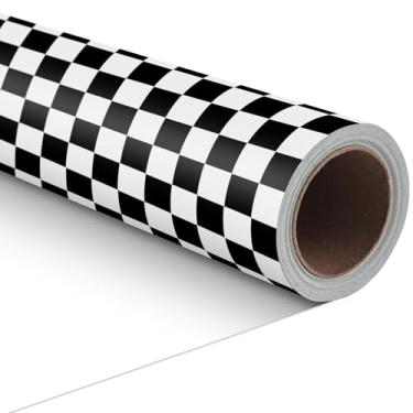Imagem de ZINTBIAL Rolo de papel de embrulho de bandeira quadriculada - embrulho de presente de carro de corrida para aniversário de crianças, aniversário de meninos e meninas, chá de bebê - 17 polegadas x 16,5