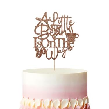 Imagem de Topo de bolo A Little Bean is on the Way, decoração de bolo de chá de bebê de café, glitter marrom A Baby is Brewing Topper para decoração de festa de primeiro aniversário de meninos e meninas