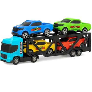 Imagem de Caminhão Transportador de Carros com 4 Veículos Coloridos, Brinquedo Infantil em Plástico, Carreta Cegonha com Carros Esportivos
