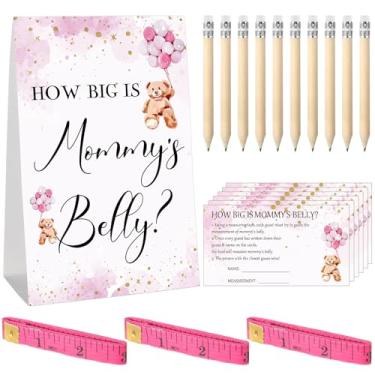 Imagem de Sabary 64 peças de jogos de chá de bebê incluem o tamanho do sinal de barriga da mamãe, 50 cartas, 10 lápis, 3 fitas métricas para chá de bebê, material de festa revelador de gênero (urso rosa)