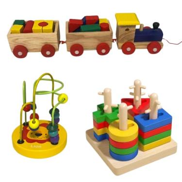Imagem de Kit 3 Brinquedos Educativos de Madeira Montessori Arco Aramado Baby, Jogo Encaixe 4 Pinos e Trenzinho de Madeira Blocos de Montar – Aprendizado, Coordenação Motora Pedagógico Infantil Bebê 1 2 3 anos