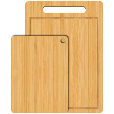 Imagem de BHLPOOGY 2 tábuas de corte de bambu para cozinha, tábuas de corte de madeira, tábua de cortar dupla face de grau alimentício para carne, queijo e vegetais (pequeno médio)