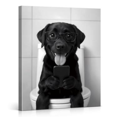 Imagem de Impressão de arte de parede de banheiro labrador engraçado preto e branco cachorro arte arte banheiro decoração de parede para banheiro banheiro tela emoldurada 20x25