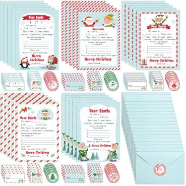 Imagem de Kit carta para o Papai Noel, 125 peças, lista de desejos de Natal, cartões de Natal, elfos, papel de carta de Natal, papelaria com envelopes, carimbos, adesivos, cartas oficiais para Papai Noel, kit
