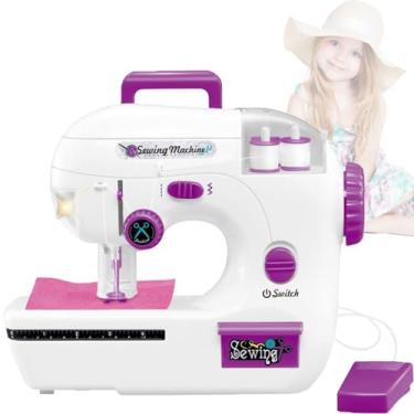 Imagem de Mini máquina de costura portátil, modo de alimentação dupla, máquina de costura fofa, kit de artesanato para brincadeiras de faz de conta para meninas