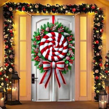 Imagem de BlissYard Capa de porta de bengala doce, faixa de Natal de 188 x 89 cm, para decoração interna e externa, grande pano de fundo de férias com redemoinho vermelho e branco pirulito, laço de glitter