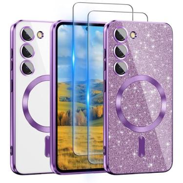 Imagem de Capa para Samsung Galaxy S23 compatível com MagSafe, [cartão de glitter e 2 peças de películas HD] Linda capa brilhante brilhante [nunca amarela], fina, à prova de choque, antiarranhões, macia e