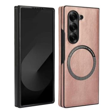 Imagem de XKchatpt Capa magnética para Samsung Galaxy Z Fold 5 suporta carregamento sem fio, capa rígida fina à prova de choque de couro PU para Samsung Galaxy Z Fold 5 (ouro rosa)