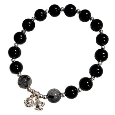 Imagem de Pulseira elegante de obsidiana preta e prata esterlina com pingentes de sino, design elástico, 14 cm para mulheres