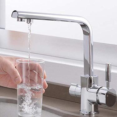 Imagem de Torneira misturadora de pia de cozinha de 3 vias 3 em 1 torneira de filtro de água purificada quente e fria filtrada rotativa dupla saída latão cromado torneira de cozinha -A.