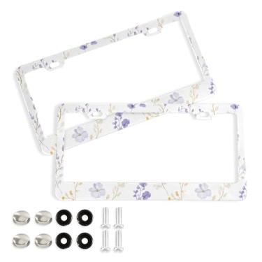 Imagem de SEHANY Molduras de placa de licença de flores florais coloridas, capas de moldura de placa de carro de alumínio à prova de ferrugem com orifícios elípticos e parafusos serve para veículos padrão dos