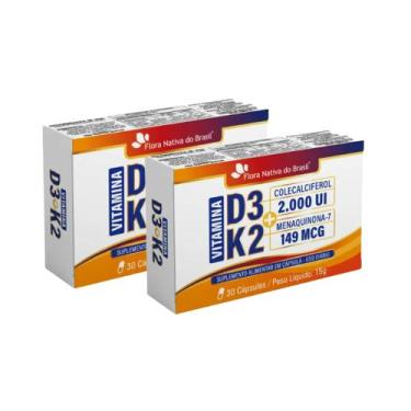 Imagem de Kit 2x Vitaminas D3+K2 D3 2000ui + K2 149mcg 2x30 caps Flora Sabor:Sem
