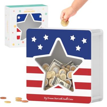 Imagem de Cofre de madeira para crianças e adultos, cofre de dinheiro, caixa econômica com adesivos faça você mesmo, caixa de cartão de presente de estrela personalizada, para aniversário, chá de bebê, festa de