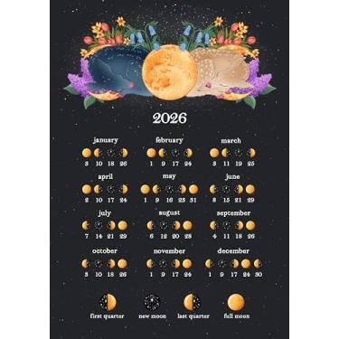 Imagem de Calendário ilustrado da fase da lua 2026 – arte de parede lunar floral e veado fofo de 28 x 35 cm, pôster premium de 350 g/m² para berçário, quarto, astrologia e decoração de bruxa