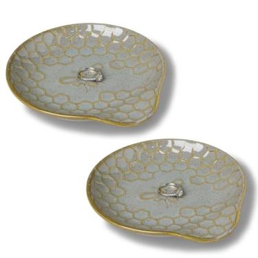 Imagem de GDCZ Bandeja de joias de cerâmica, prato decorativo de 13,5 cm, bandeja de joias personalizada com padrão, presentes para amigas, irmãs e mulheres, conjunto de 2 (cinza)