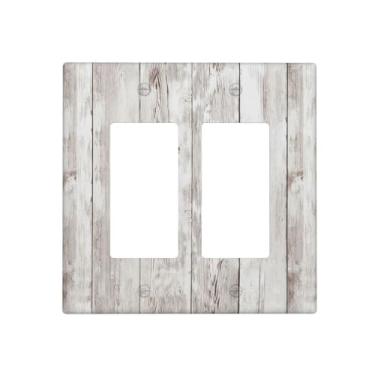 Imagem de Tulpock Capa de interruptor de luz de cabine de madeira branca e cinza rústica decorativa campestre de madeira cinza 2 gangues placa frontal elétrica para banheiro cozinha 11,7 cm x 11,4 cm