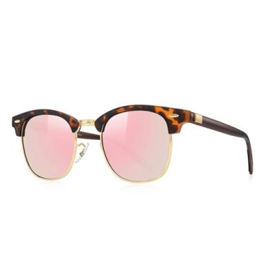 Imagem de Óculos de sol unissex de alumínio polarizado para homens e mulheres, sem aro, retrô, para dirigir, Armação de leopardo fosco/ponte dourada/lente espelhada rosa, Lens Width: 51 Millimeters