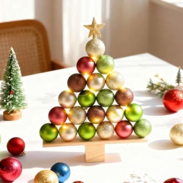 Imagem de Leitee Conjunto de 28 peças de mesa para decoração de mesa, enfeite de estrela de bola de Natal com base de madeira clara para festas de fim de ano, mesa e lareira (pilhas não incluídas)