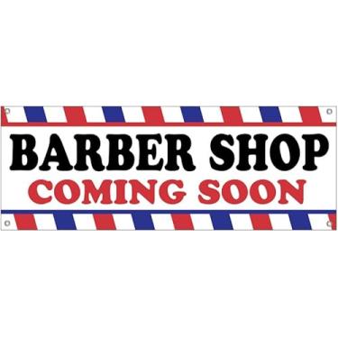 Imagem de 4LessCo 45 x 121 cm BARBER SHOP COMING SOON Placa de vinil com ilhós wb